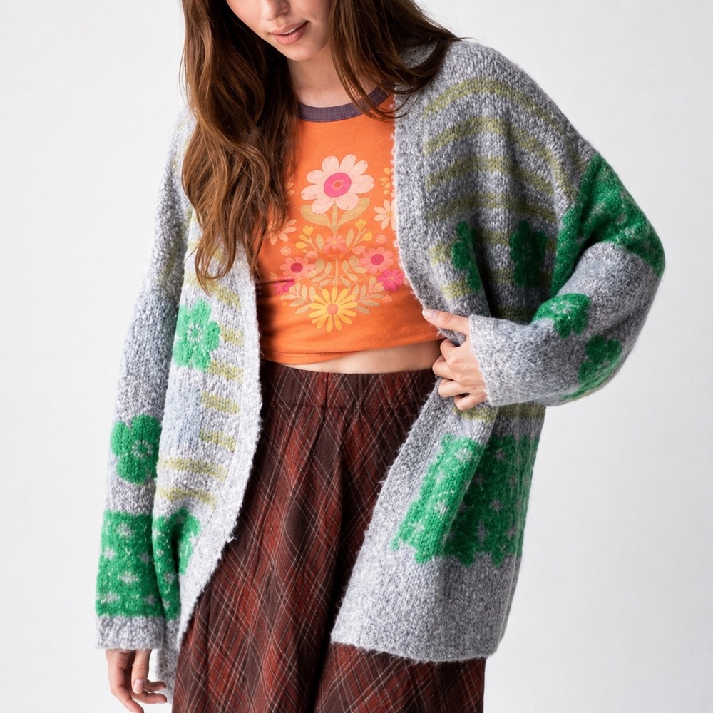 Natural Life Cardigan Open Front Striped Floral Boho Boucle Knit Green Grey L XL